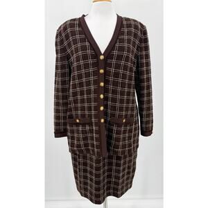 St. John Windowpane Check Sweater Cardigan Blazer Gold Button Brown Size 12